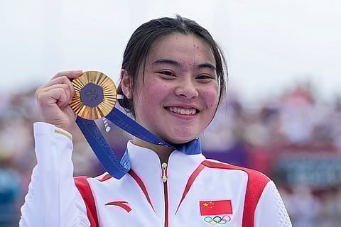 BMX freestyle women's park medal ceremony: Gold medalist Deng Yawen, of China